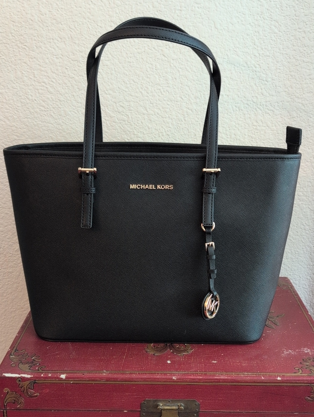 Michael Kors Black Leather Tote with Gold Logo Charm